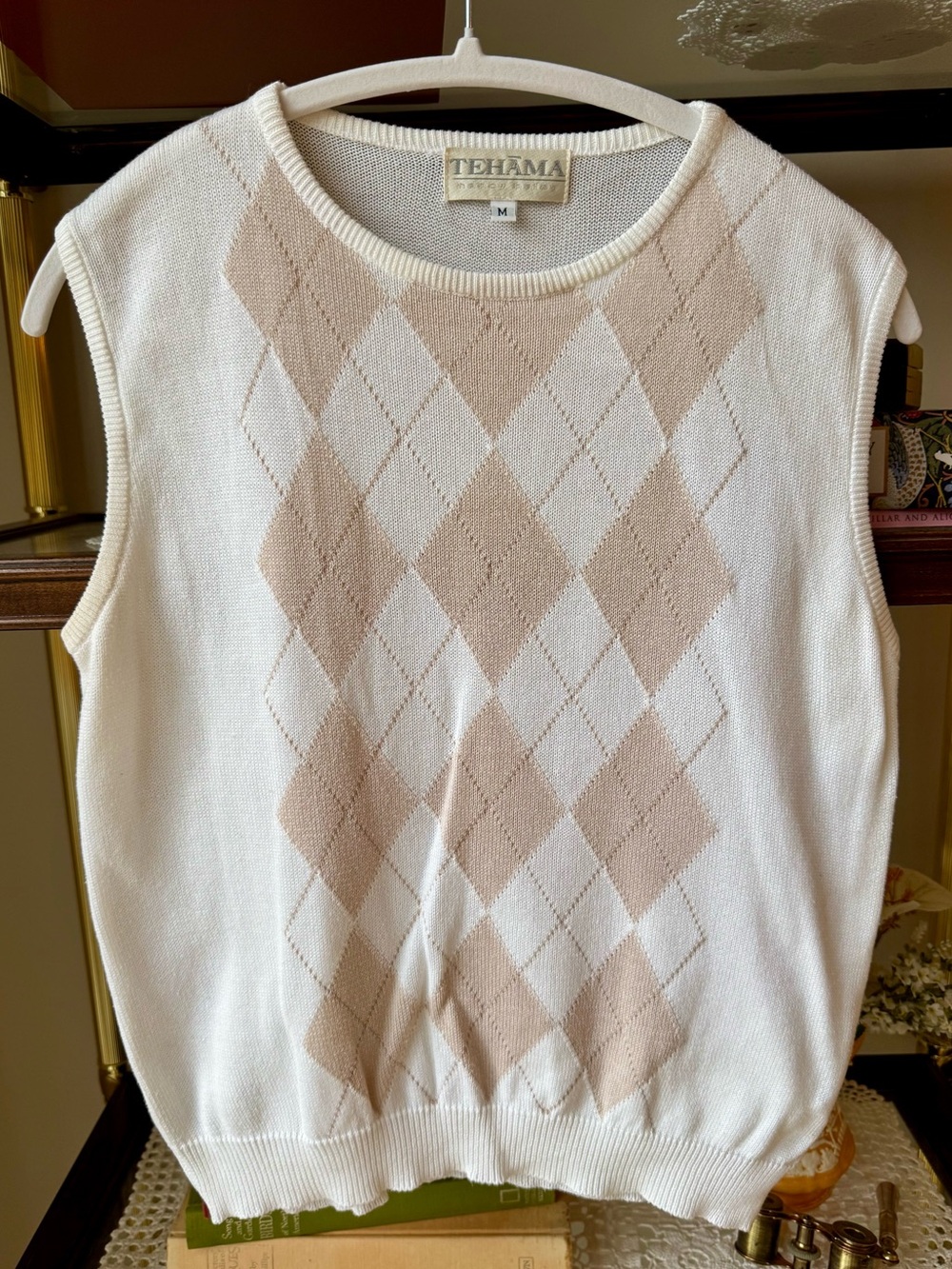 Vintage Tehama Nancy Haley White Beige Argyle Cotton Sweater Vest M